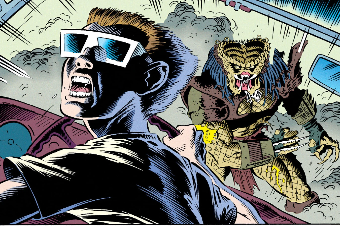 Tommy Anderson in 3-D glasses screaming at the wheel of the Cadillac as the unmasked Predator charges up behind him