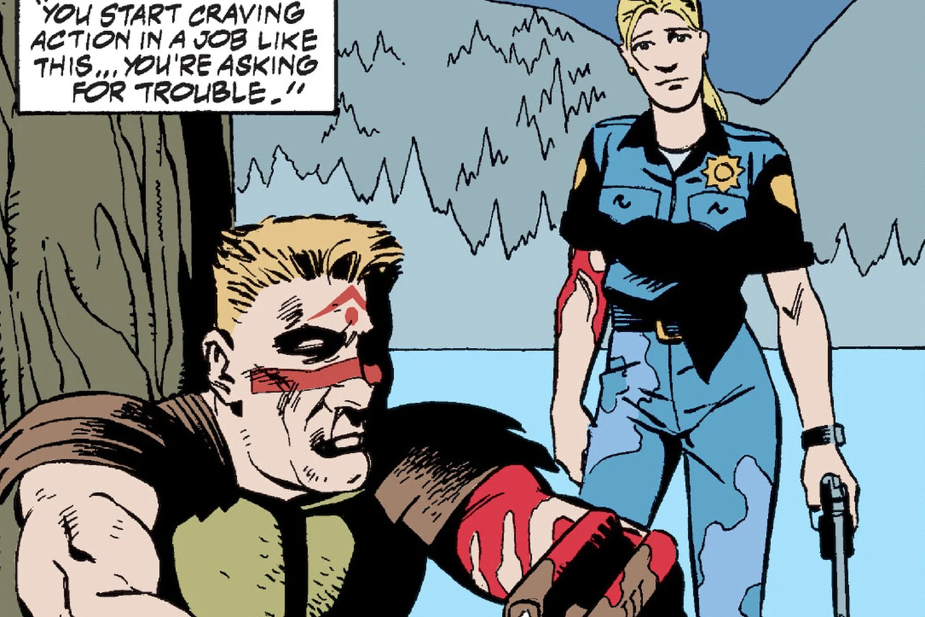 The wounded Buddy Wilcox sitting against a tree with his bloodied blades as Kelly Mathis stands behind him in Predator: Kindred