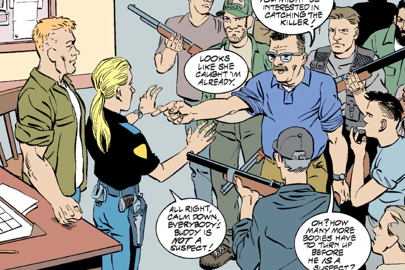 Buddy Wilcox standing behind Sheriff Kelly Mathis as armed townsmen crowd into the sheriff's station in Predator: Kindred
