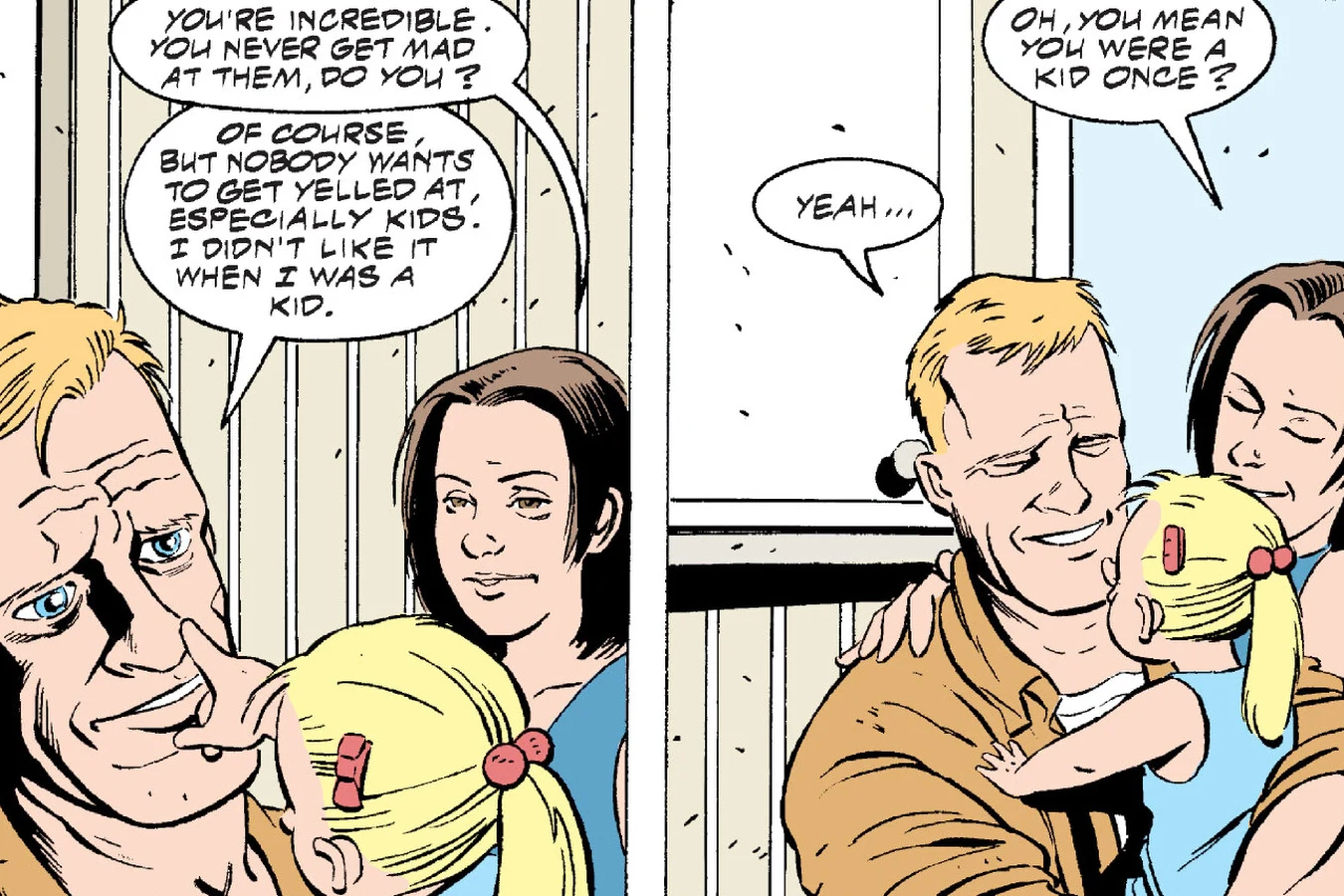 Buddy Wilcox sits with Lynne and Brenda at the breakfast table, then hugs his daughter in the next panel, in Predator: Kindred