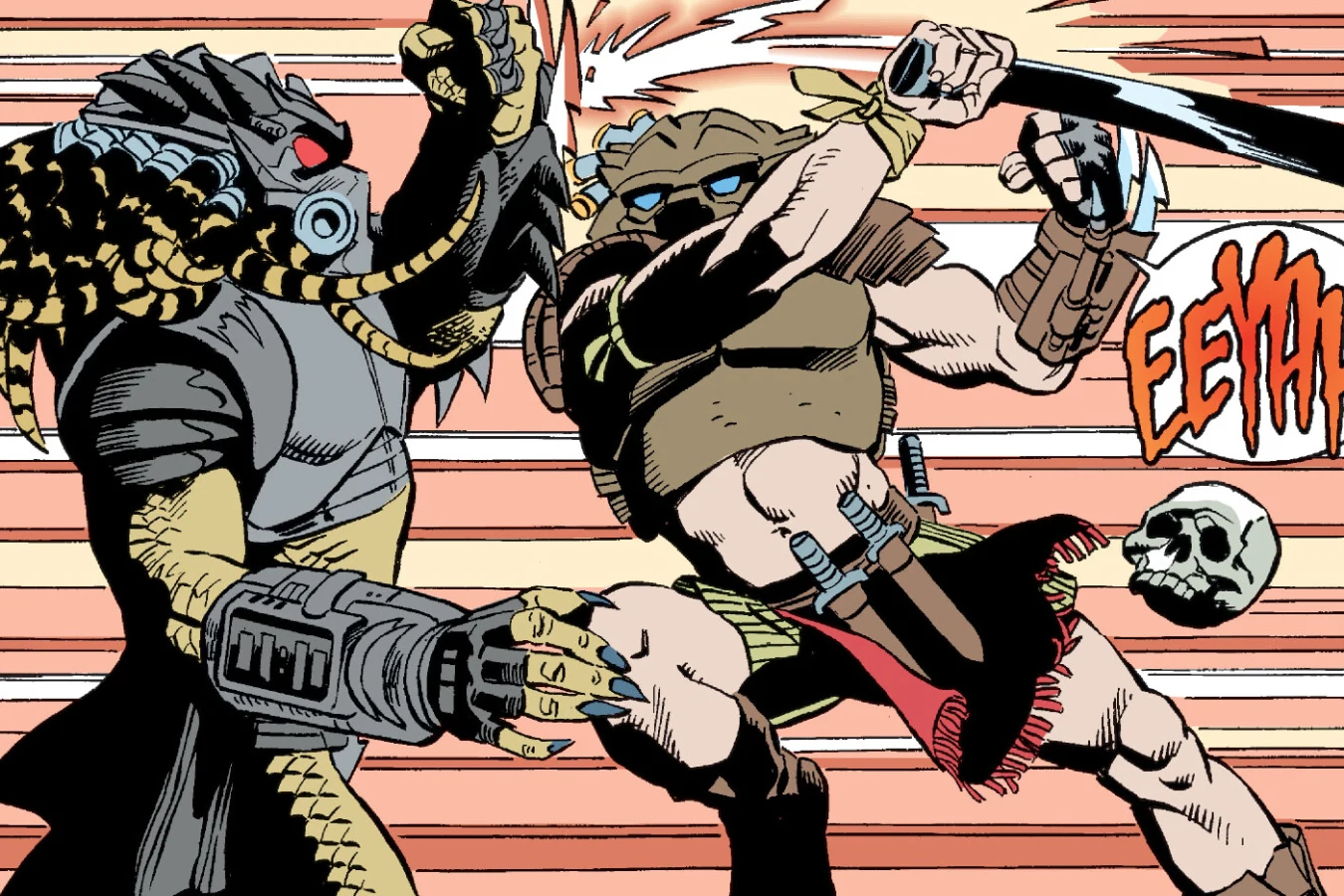 The Predator in black armor clashes with Buddy Wilcox, who wears a makeshift helmet and loincloth and swings a machete, against a red streaked background with skulls