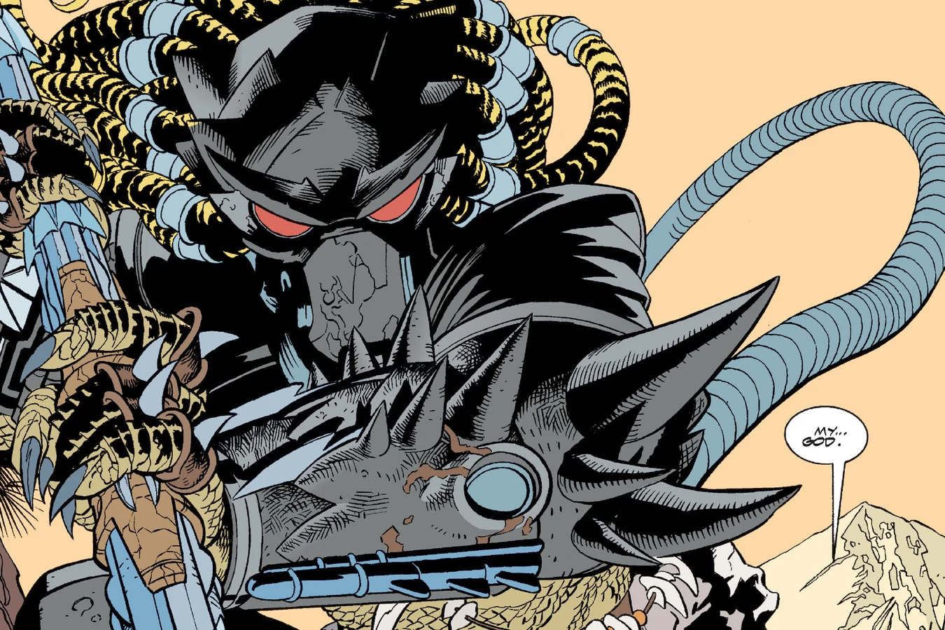 The Predator looming over the convicts' camp with a spear raised, its eyes glowing red behind its mask