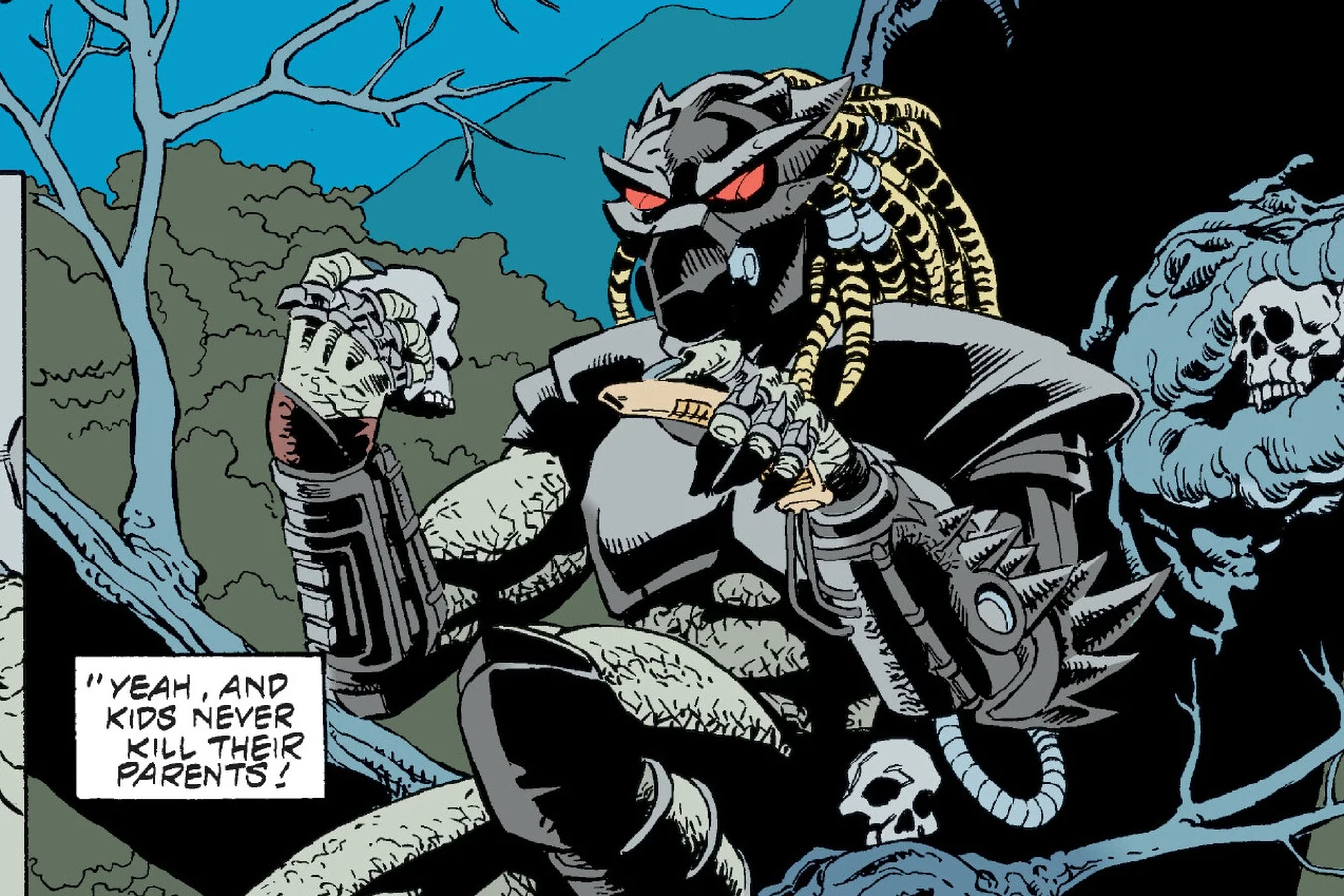 The Predator crouched among the branches of a tree hung with human skulls and bones