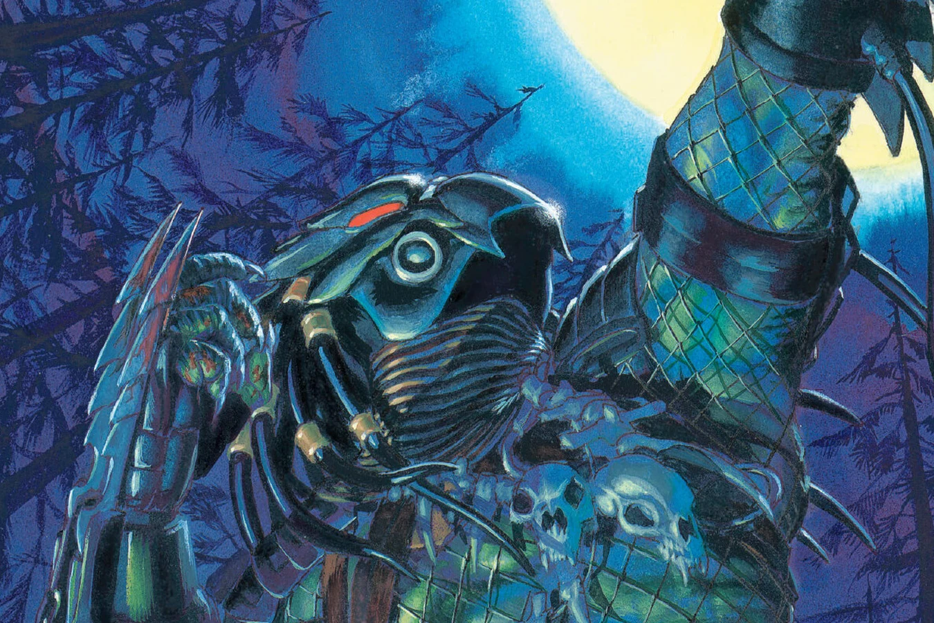 The Predator in bronze armor stands among dark trees before a full moon on Igor Kordey's painted cover of Predator: Kindred #2