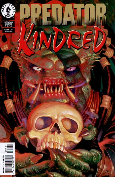 Igor Kordey's painted cover for Predator: Kindred #1 (December 1996), with a Predator holding a human skull below the title logo