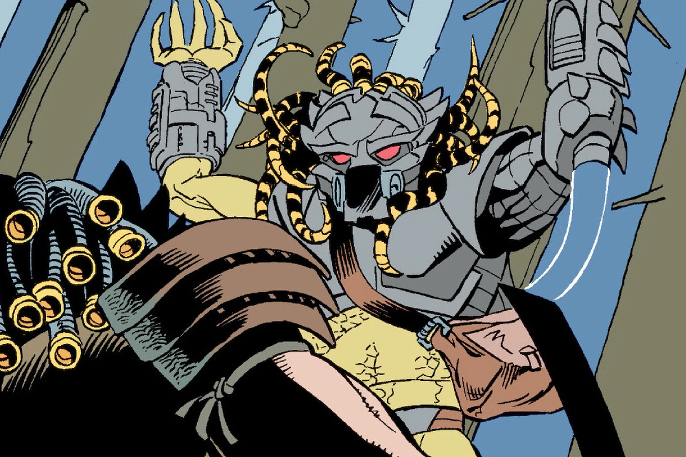 The Predator rising behind Jimmy McCutcheon in the forest as he raises a knife