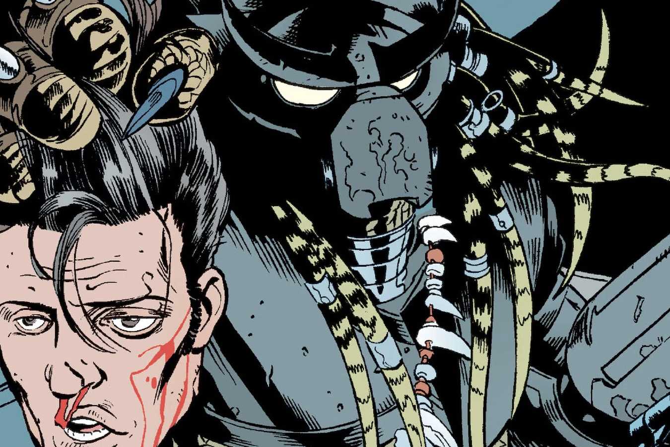 The Predator holding the bleeding Rod Dennison by the throat outside his trailer at night