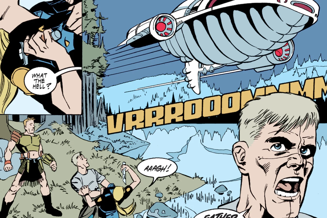 The white Predator ship roars away over the lake as Buddy Wilcox in war paint and the McCutcheon pair stand by the water, with a shouting Jimmy McCutcheon in the foreground and an inset of a startled man asking what the hell