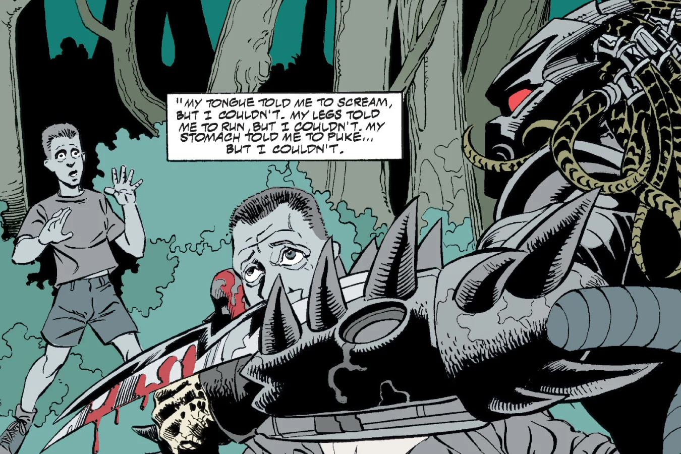 Young Buddy Wilcox stands frozen in a teal forest as the Predator, in spiked shoulder armor, holds a bloody blade over his dead father