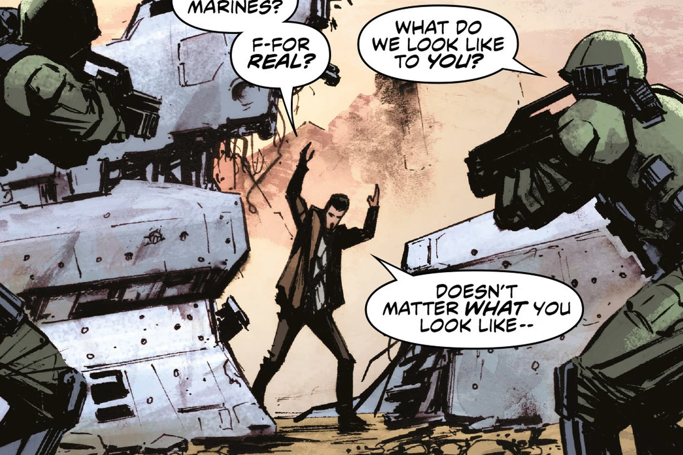 Survivor Goode facing Colonial Marines at the Tartarus excavation