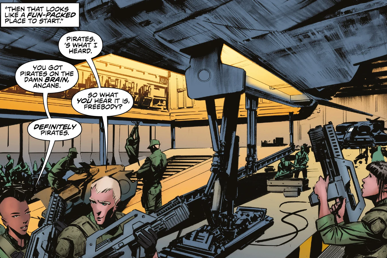 Colonial Marines aboard the Hasdrubal hangar talking about pirates on Tartarus