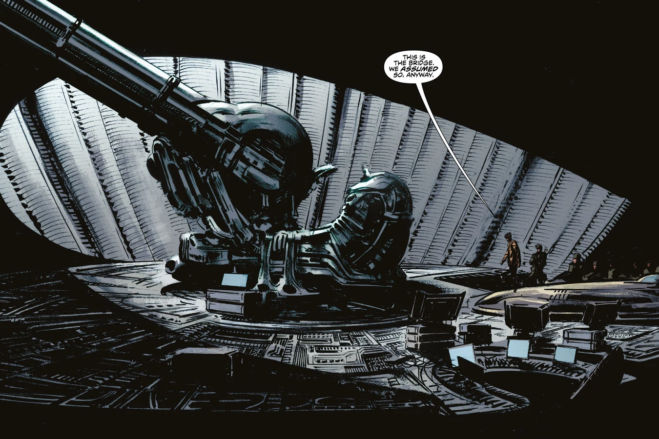 Colonial Marines on the bridge of the horseshoe ship beside the Engineer pilot chair