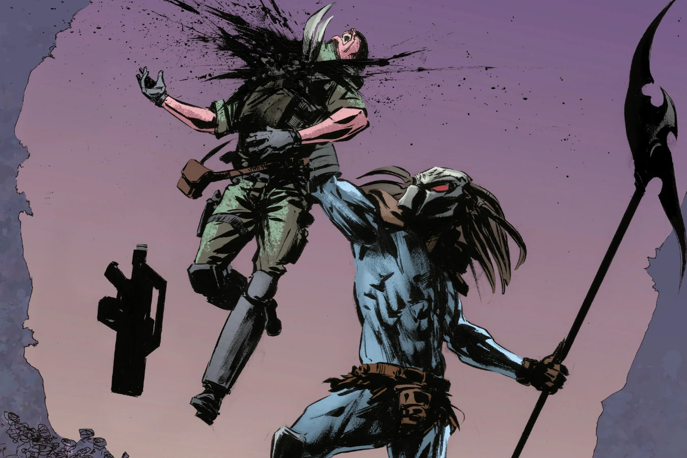A Predator impaling a Colonial Marine during the Tartarus ambush