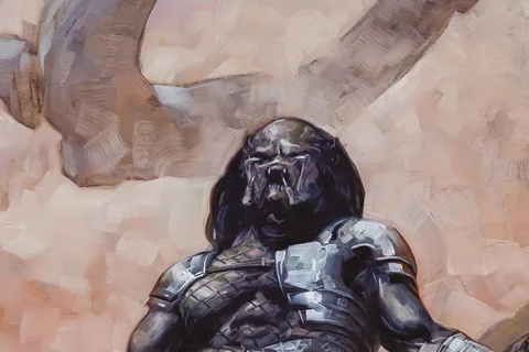 David Palumbo cover for Predator: Life and Death, an unmasked Predator before a horseshoe Engineer ship