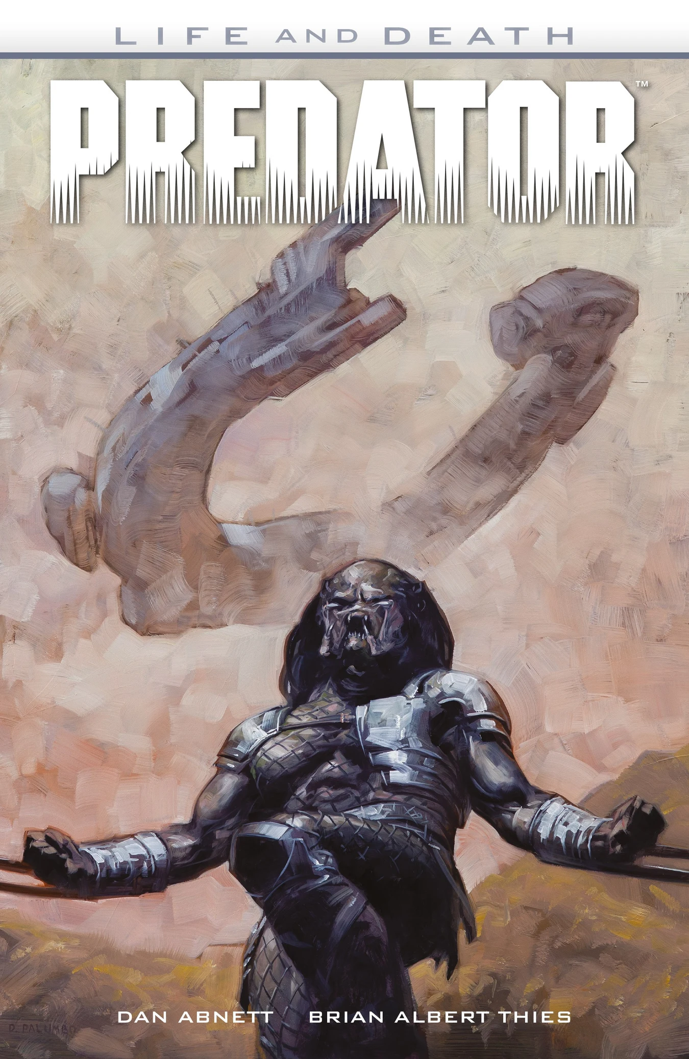 David Palumbo cover for Predator: Life and Death, an unmasked Predator before a horseshoe Engineer ship