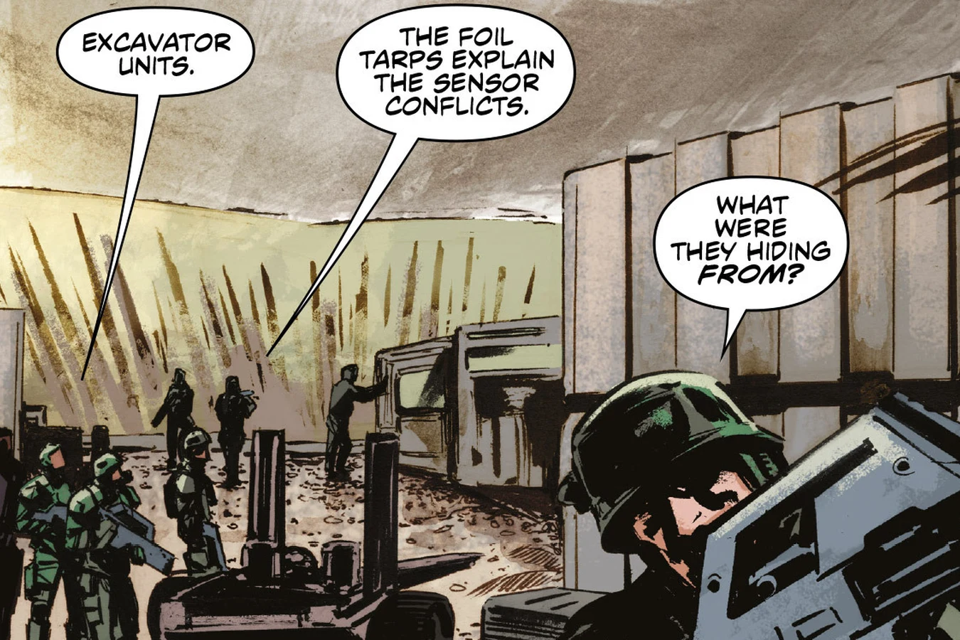Colonial Marines advancing through the wrecked Seegson excavation on Tartarus