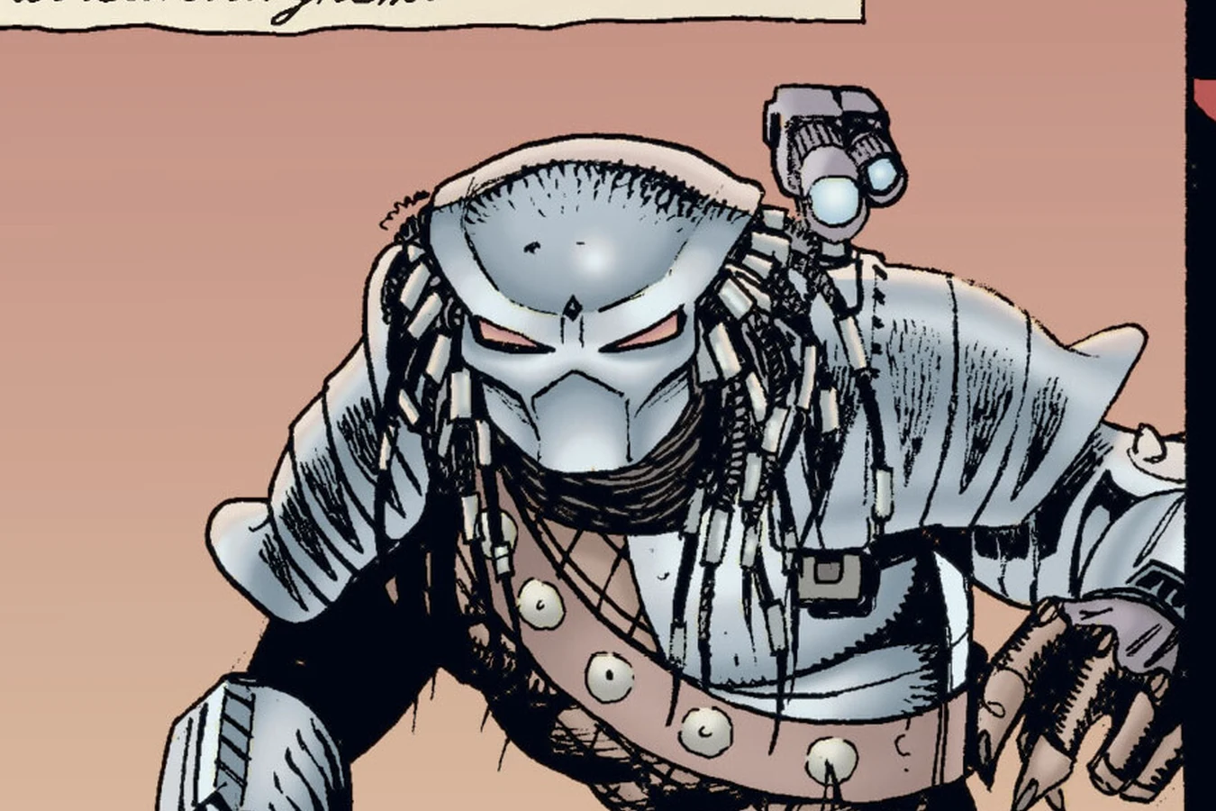 Waist-up portrait of the armored Predator from Predator: Nemesis, with bio-mask, plasma caster and trophy necklace on a solid mauve background