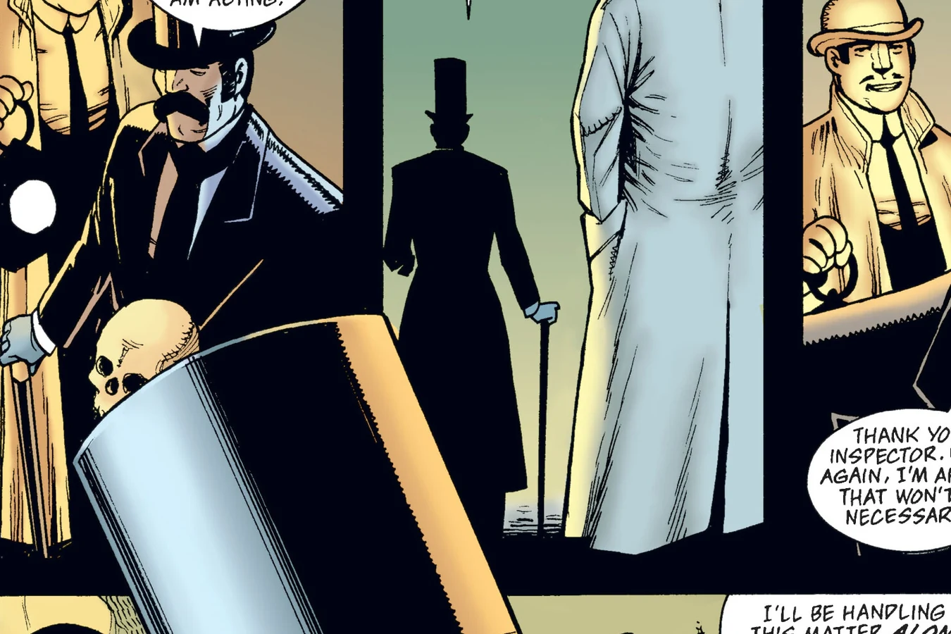 A flayed body hangs upside down in an East End cellar while Captain Soames and a top-hatted companion stand among corpses, from Predator: Nemesis