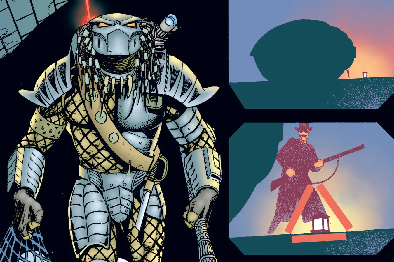 Armored Predator with net and staff in a brick tunnel, with thermal vision insets targeting Captain Soames and his lantern, from Predator: Nemesis