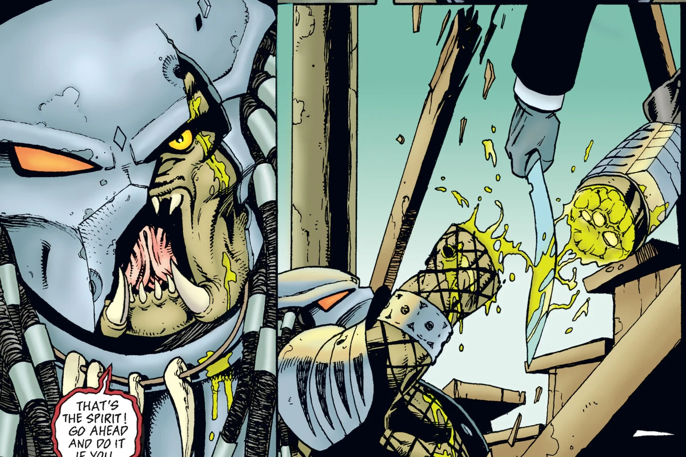 A cracked Predator bio-mask leaks yellow blood as Captain Soames finishes the fight, from Predator: Nemesis