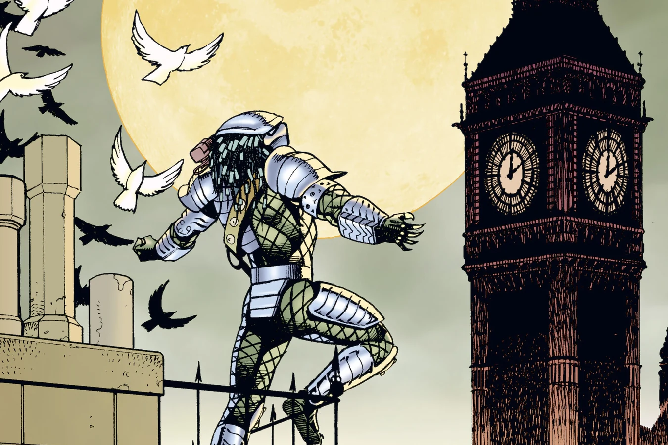 A Predator stands cloaked above Victorian London with Big Ben behind it, from Predator: Nemesis