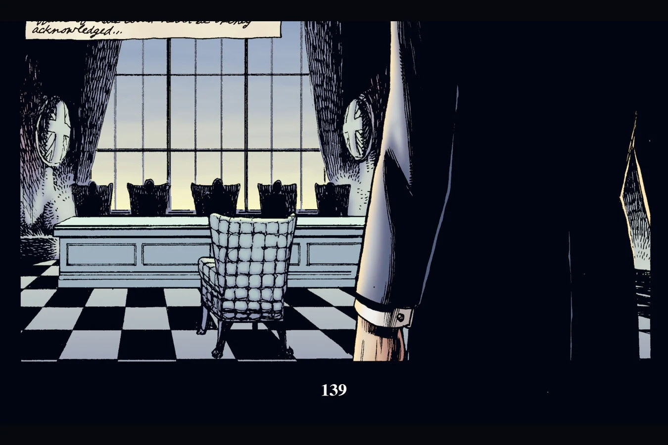 Captain Edward Soames enters a Diogenes Club committee room with a checkered floor and silhouetted men at a desk under Union Jack crests, from Predator: Nemesis
