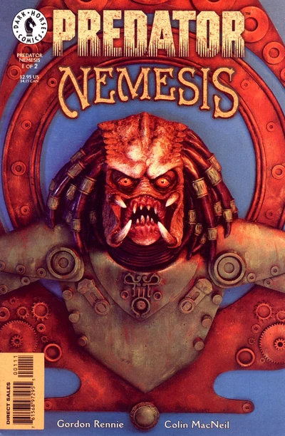 Painted cover for Predator: Nemesis #1 (December 1997), with a Predator bust in a Victorian circular mount below the title logo