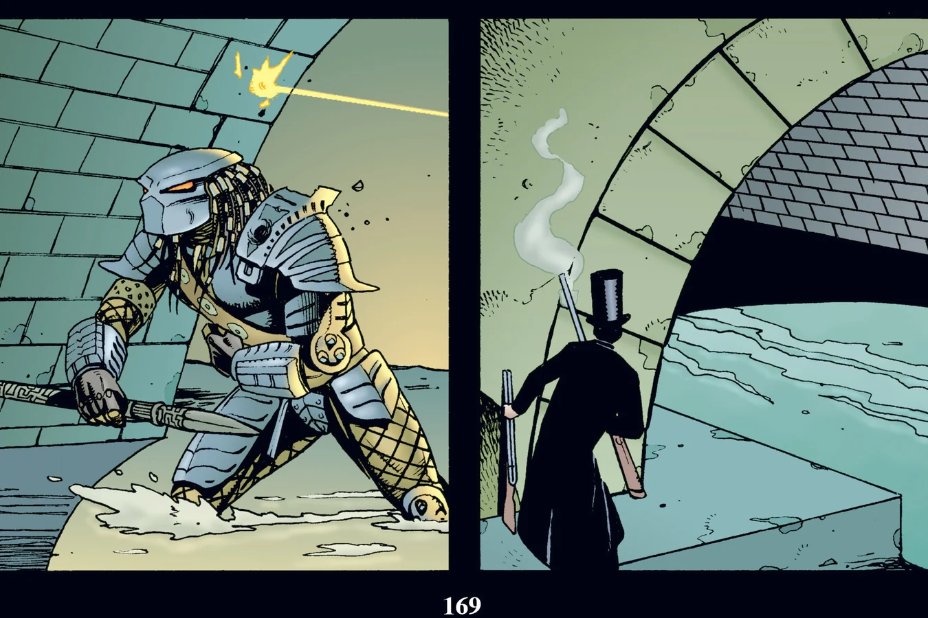 A Predator levels a spear at Captain Soames in a flooded London sewer, from Predator: Nemesis
