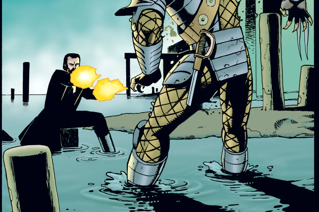 Captain Soames fires dual pistols at an armored Predator on the London docks, from Predator: Nemesis