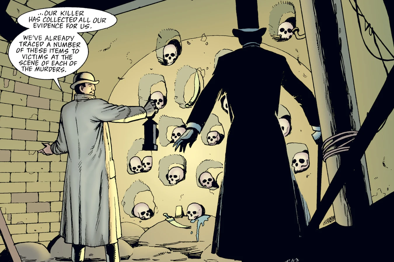 Inspector Lestrade holds a lantern on a tunnel wall of skull niches while Captain Soames looks on, from Predator: Nemesis