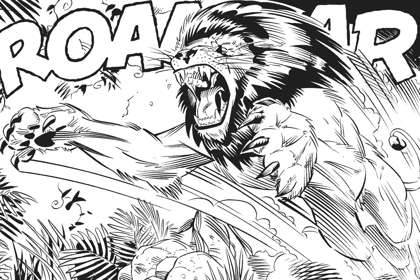 The black-maned lion leaping out of the jungle undergrowth with its jaws open and its claws out