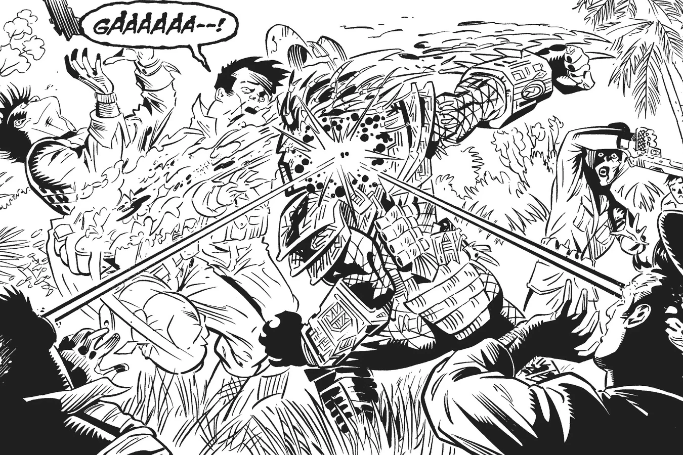 The Predator in the middle of the hunting party as plasma bolts and blood tear through the men around it