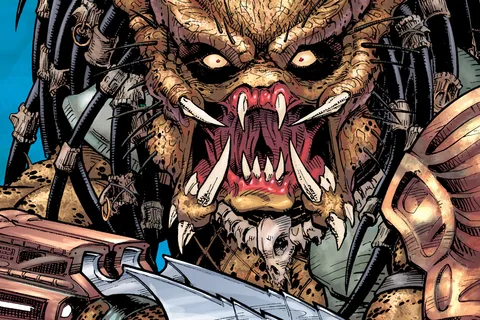 A snarling Predator holding its wrist blades across its chest against a blue background, art for Predator: No Beast So Fierce