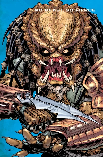 A snarling Predator holding its wrist blades on a blue background, with the title No Beast So Fierce above its head