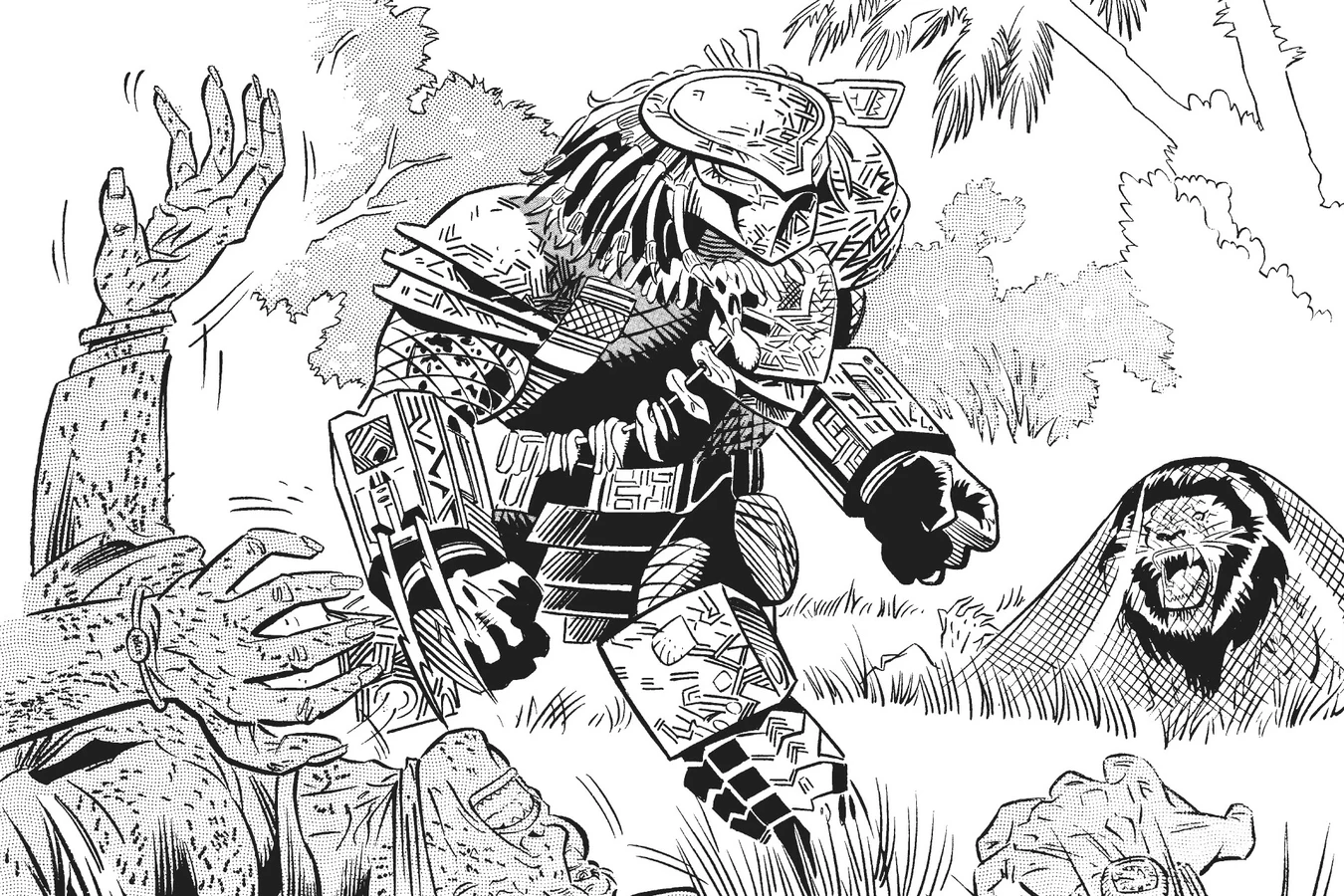 The Predator walking past the bodies of the hunters toward the lion trapped under the net