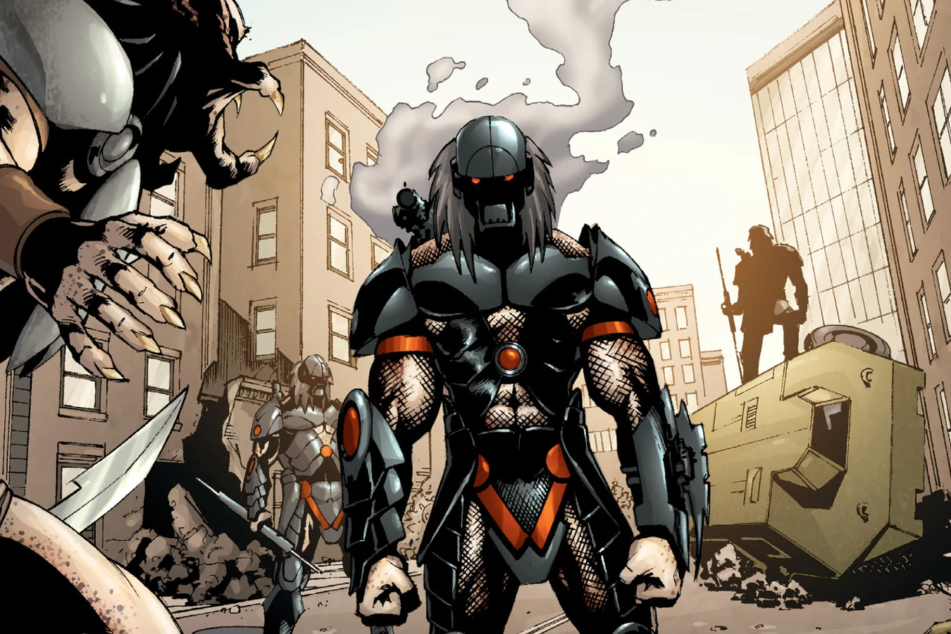 Black-armored Predators with glowing red eyes advance through the ruined street in Predator: Prey to the Heavens