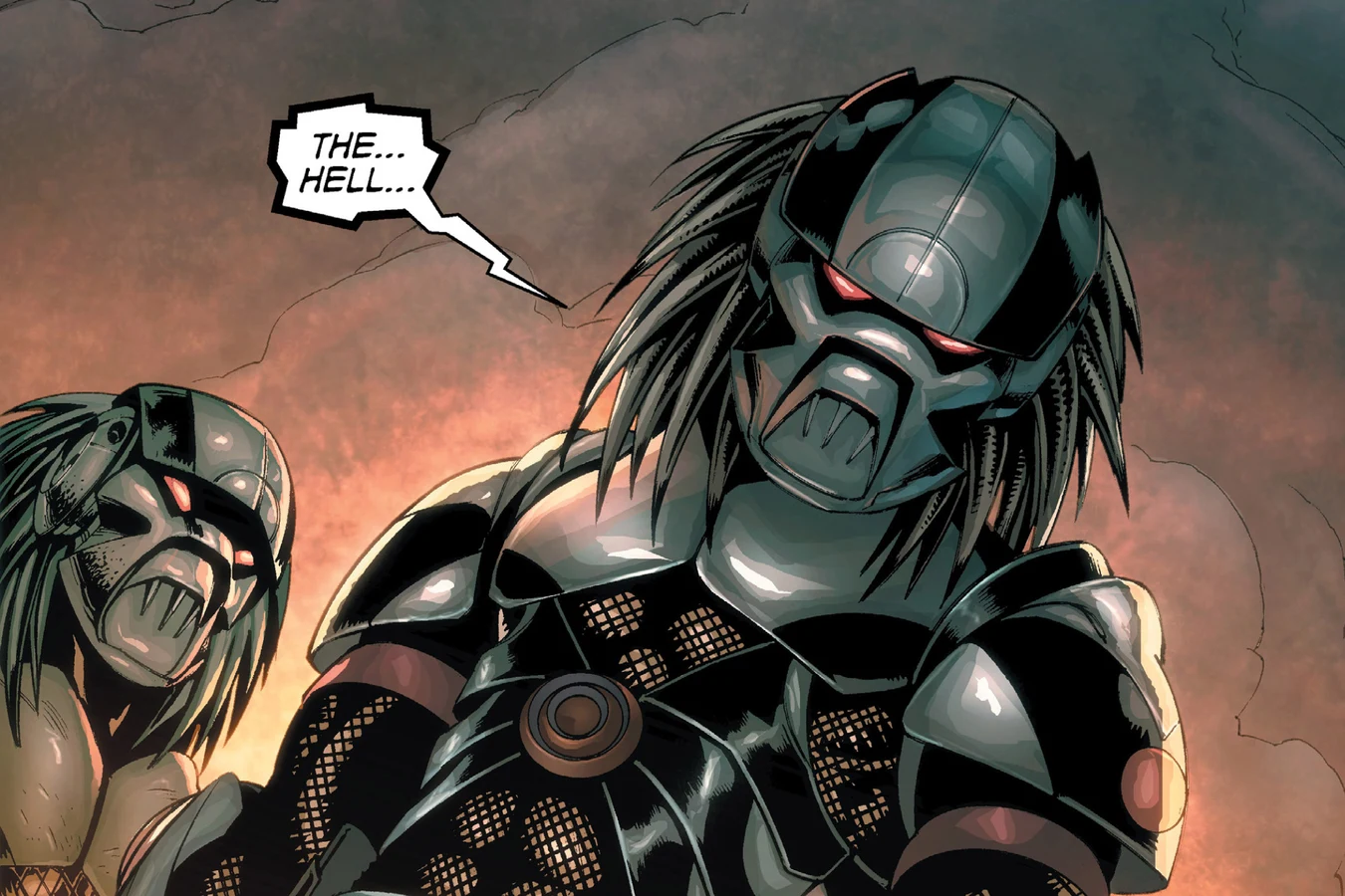 An armored Predator with an energy rifle emerges from the smoke flanked by two others in Predator: Prey to the Heavens