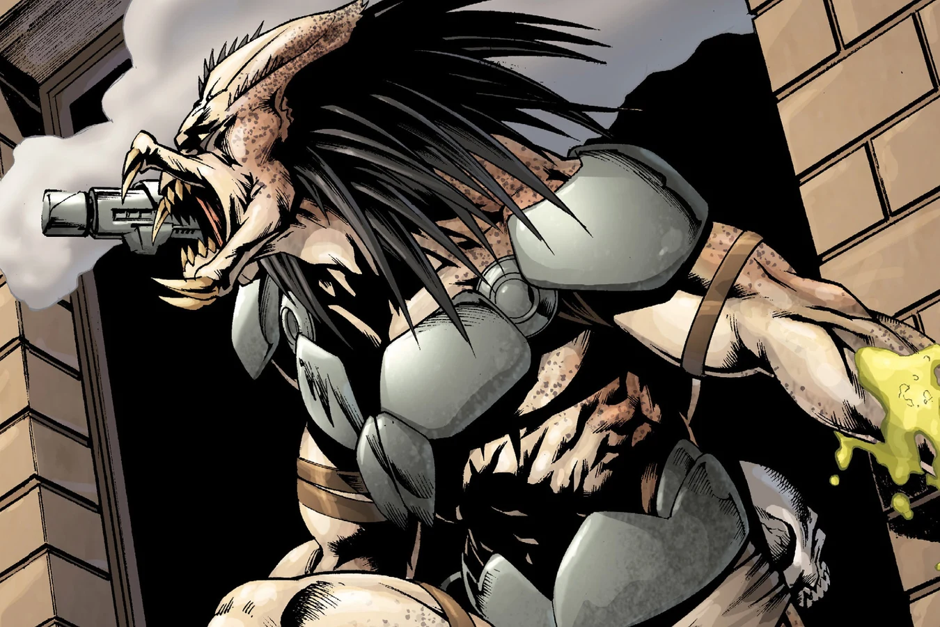 An unmasked Predator with dreadlocks and grey armor crouches on a ledge with green blood on its claws above the war-torn city in Predator: Prey to the Heavens