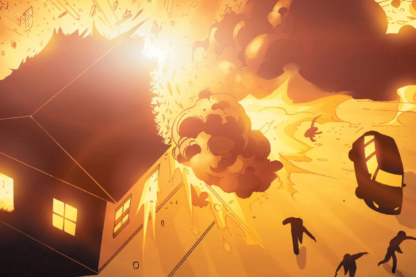 A building in the GDS compound explodes in a ball of fire as men run from the blast in Predator: Prey to the Heavens
