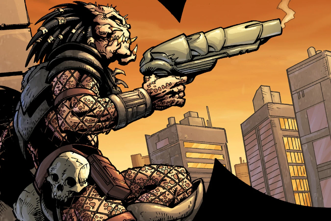 An unmasked grey Predator with a plasma pistol and a skull at its belt crouches on a ledge above the city in Predator: Prey to the Heavens