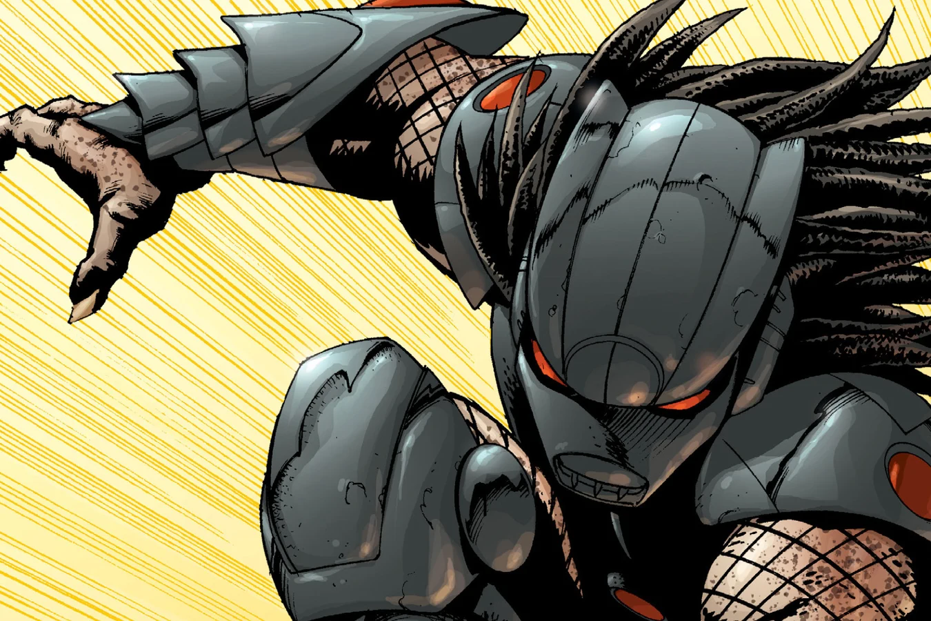 A black-armored Predator with red eyes leaps down onto the truck in Predator: Prey to the Heavens