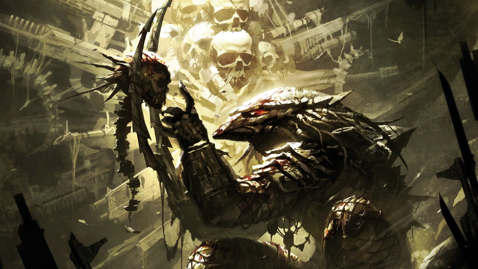 A Predator in blood-streaked armor holds up a spiked trophy head before a pillar of skulls in Raymond Swanland's cover art for Predator: Prey to the Heavens