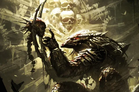 A Predator in blood-streaked armor holds up a spiked trophy head before a pillar of skulls in Raymond Swanland's cover art for Predator: Prey to the Heavens