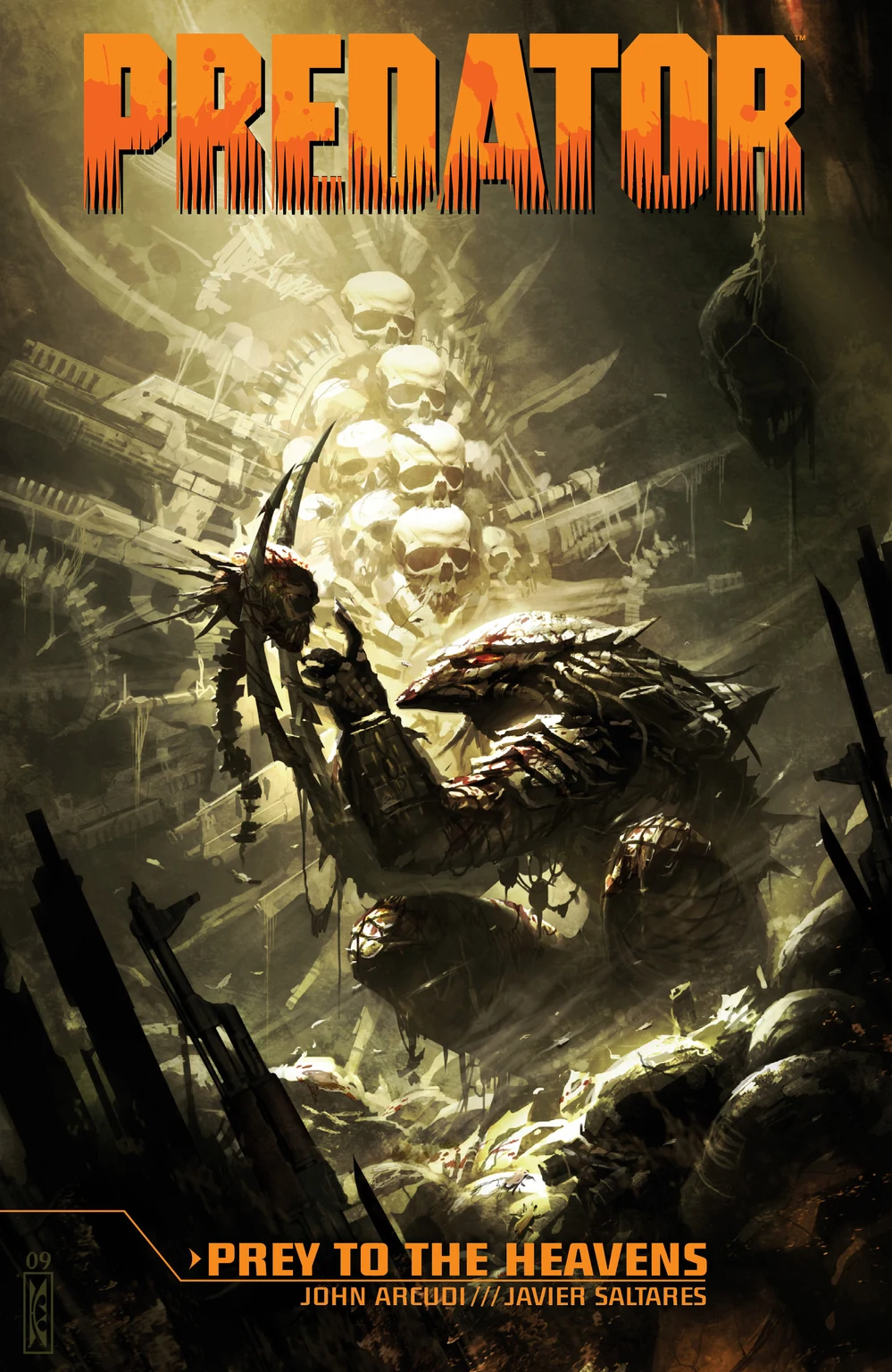 Raymond Swanland's cover for the Predator: Prey to the Heavens trade paperback, with a Predator surrounded by skulls