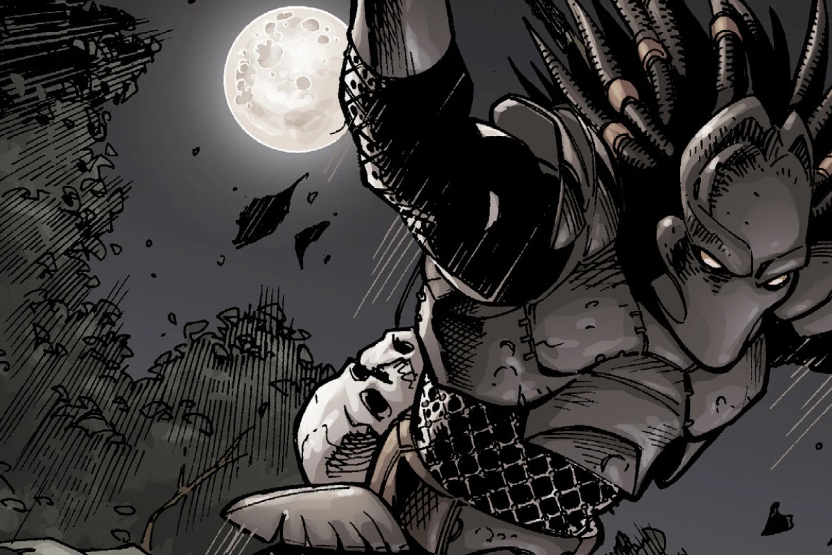 A dreadlocked Predator leaps through the jungle at night under a full moon in Thorpe's memory in Predator: Prey to the Heavens