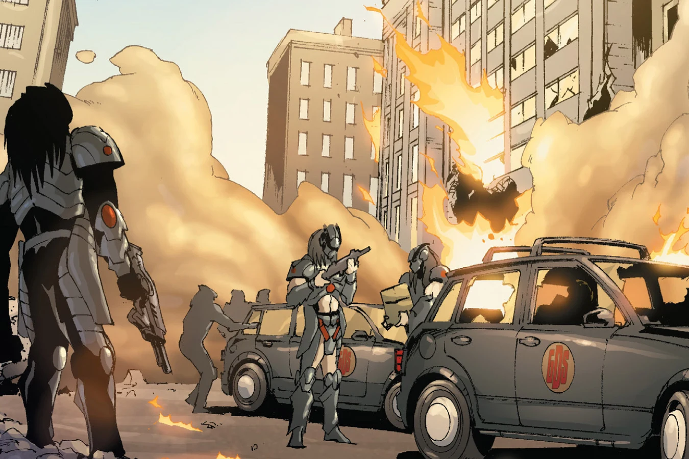 Armored Predators stride among burning trucks and buildings in the city in Predator: Prey to the Heavens