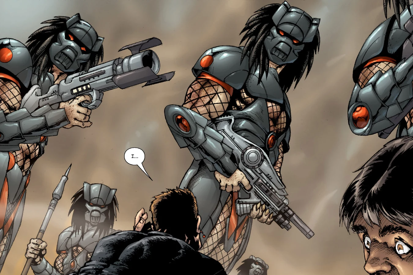 Black-armored Predators with rifles close in on the wounded contractors in Predator: Prey to the Heavens