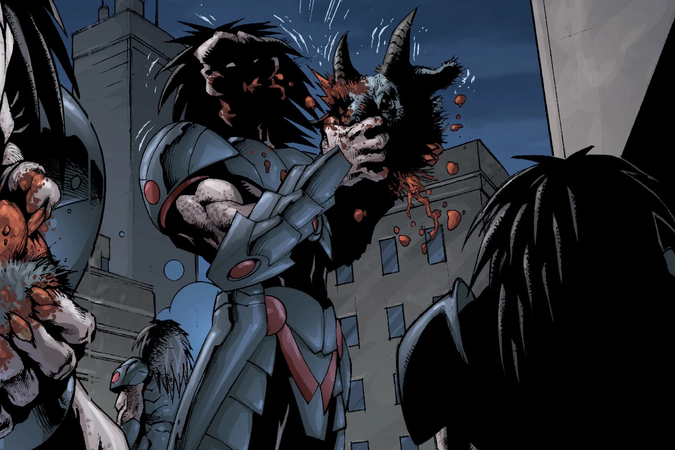 Predators tear into raw meat on a rooftop at night as Thorpe watches from the shadows in Predator: Prey to the Heavens