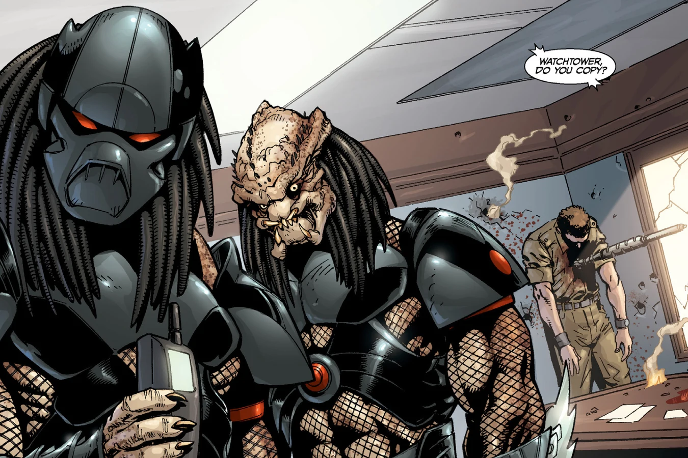 Black-armored Predators stand among the slaughtered security team in an office in Predator: Prey to the Heavens