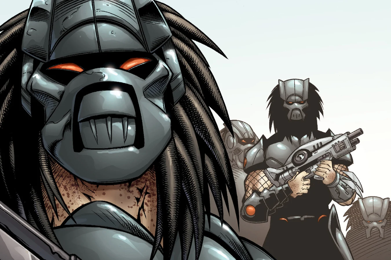 Black-armored Predators carrying rifles stand in the ruined street in Predator: Prey to the Heavens